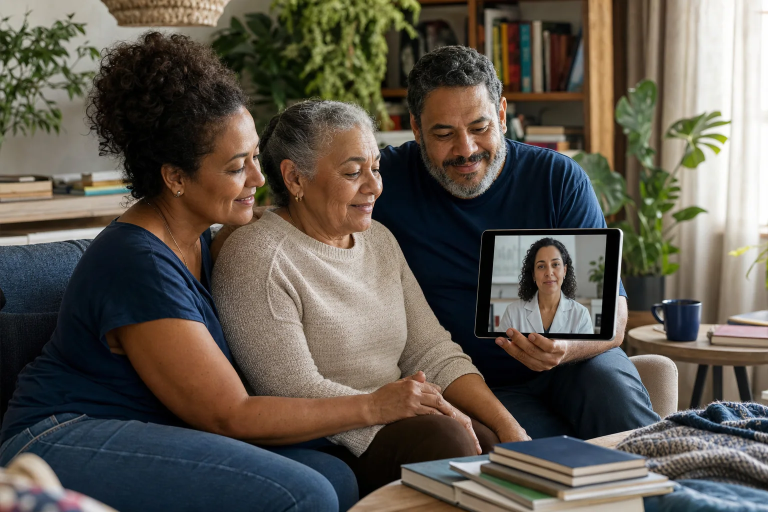Família multigeracional conversando com uma profissional de saúde pelo tablet